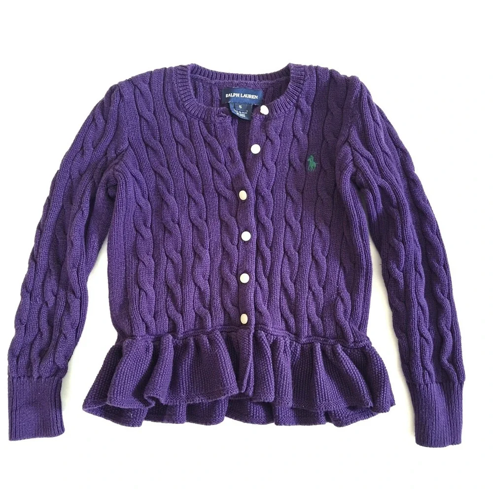 Ralph Lauren Girls Purple Cable Knit Peplum Cardigan Sweater Kids Size 5